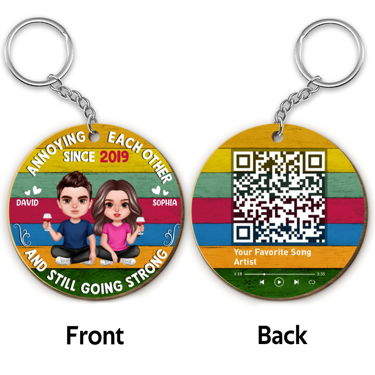 Annoying Each Other Since Retro Realistic Couple Favorite Song Scannable QR Code Personalized Wooden Keychain