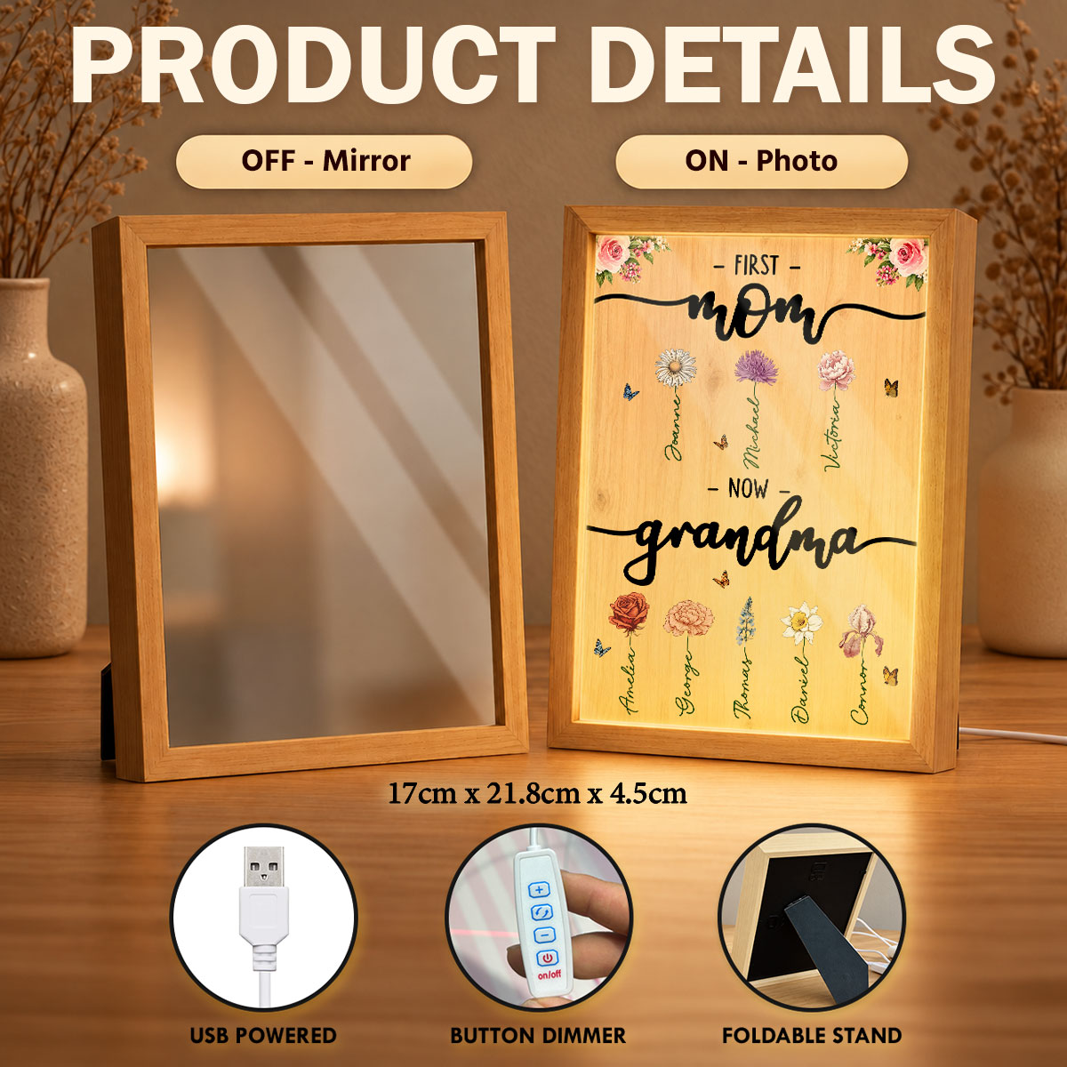 First Mom Now Grandma Custom Birth Month Flower - Personalized Mirror Light Box - Heartfelt Christmas Gift for Mom, Wife, Grandma