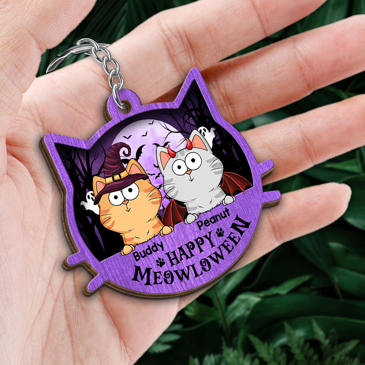 Halloween Cat Face Fluffy Cat Personalized Wooden Keychain