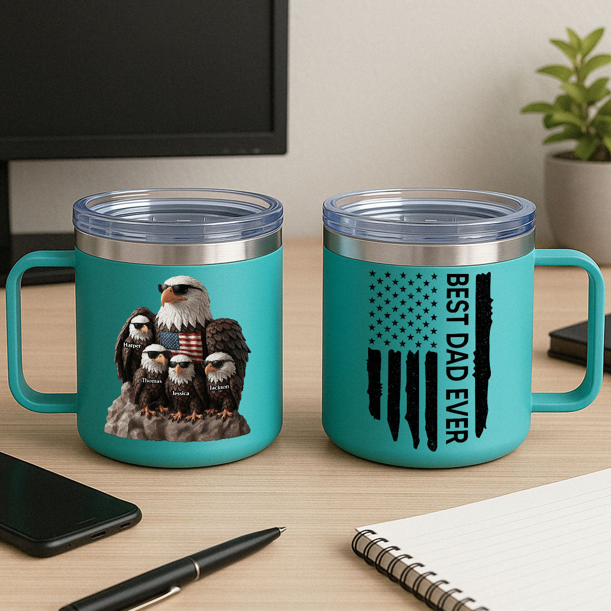 Patriotic Eagle Grandpa Dad & Kids 3D Effect Personalized Stainless Steel Tumbler With Handle