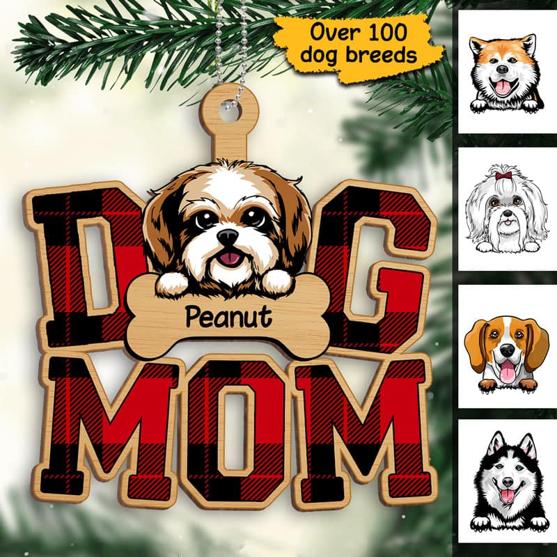 Dog Mom Checkered Personalized Christmas Wooden Ornament