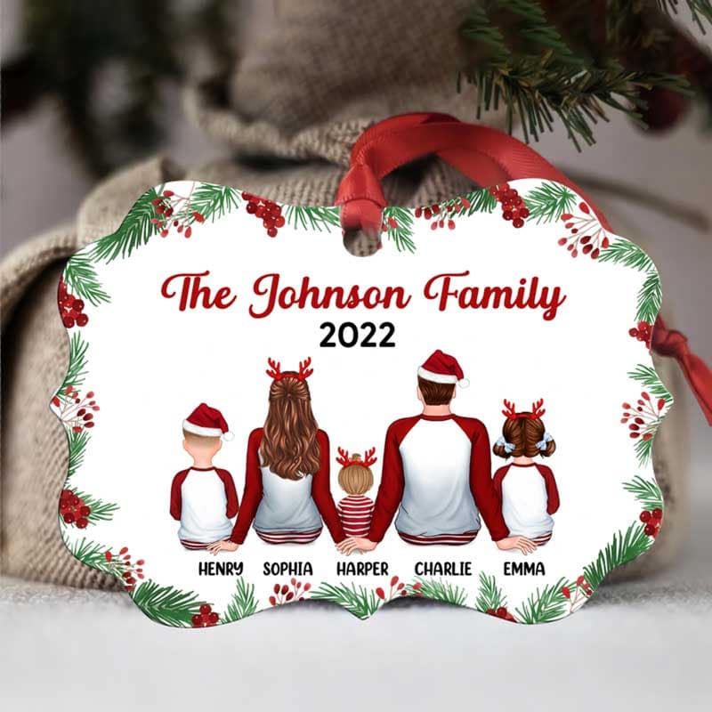 Holly Branch Pajamas Family Sitting Christmas Personalized Christmas Ornament