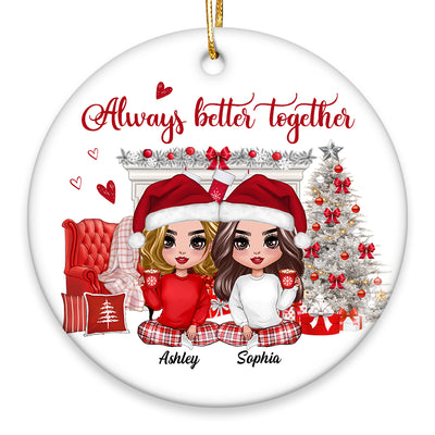 White Christmas Pajamas Doll Besties Sisters Sitting Personalized Circle Ornament
