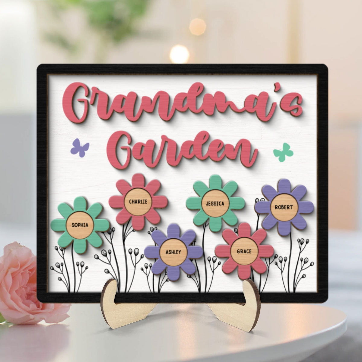 Grandma Mom Garden Colorful Flowers Personalized 2-layer Wooden Plaque