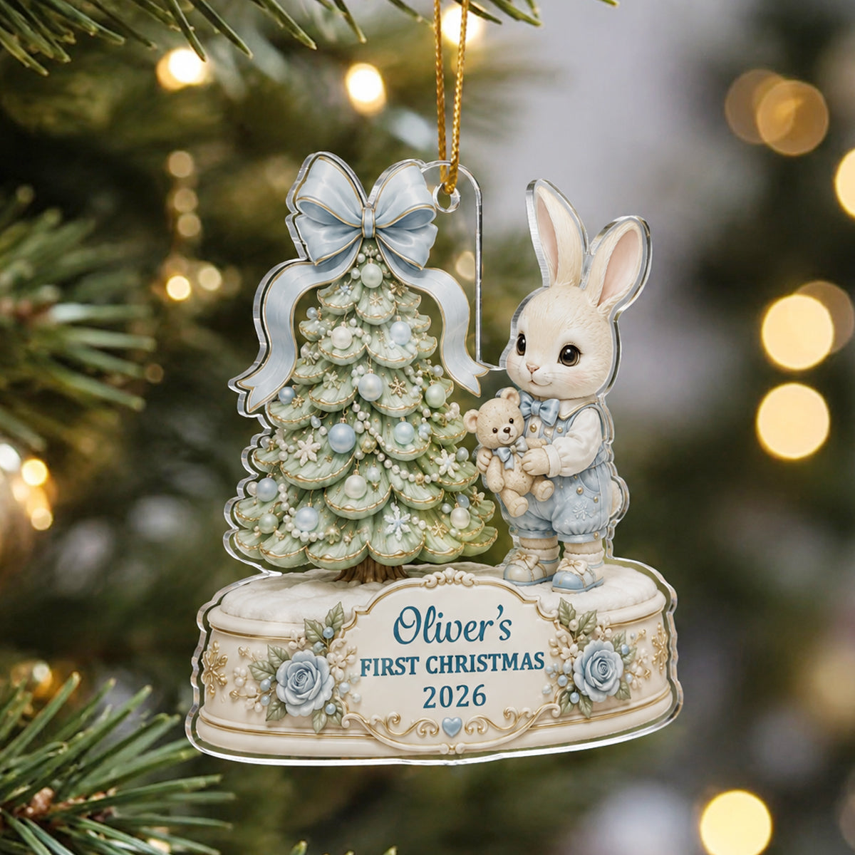 Baby's First Christmas Cute Rabbit - Personalized Acrylic Ornament - Newborn Gift