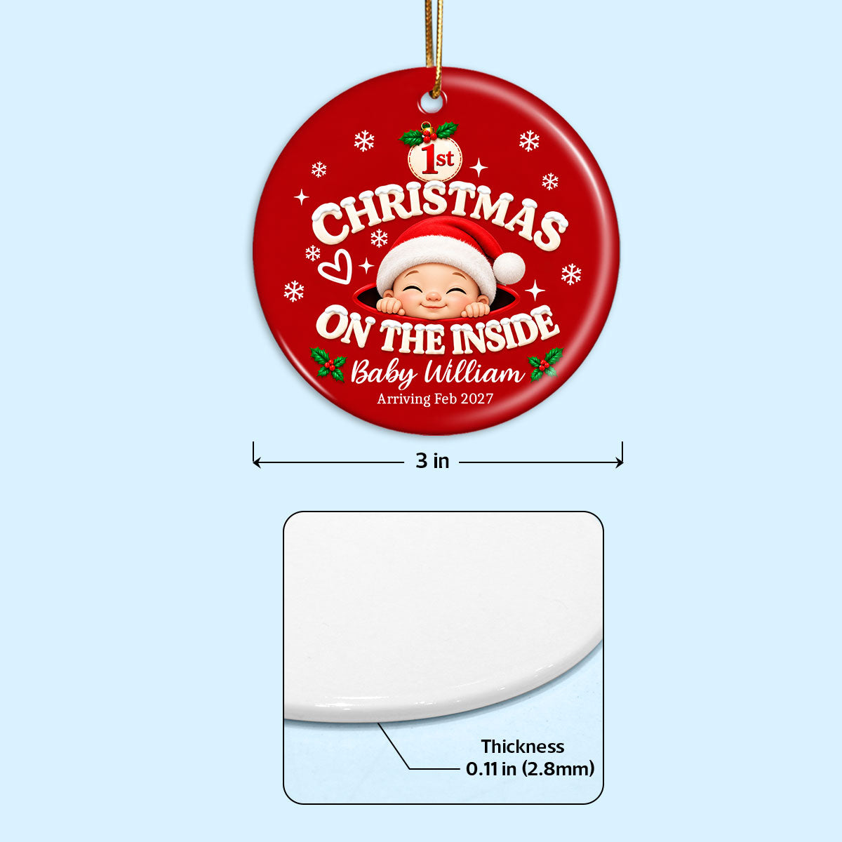 1st Christmas On The Inside Baby - Personalized Ceramic Ornament - Christmas Pregnancy Announcement Gift For Mom To Be, Expecting Mom