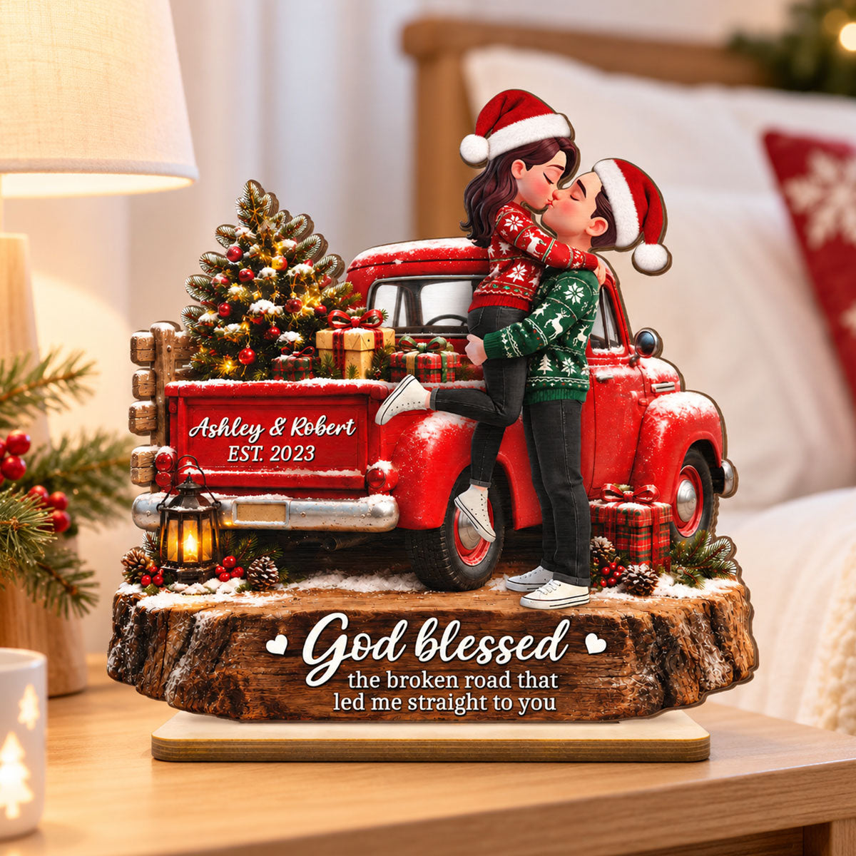 Eternal Love Couple God Blessed Broken Road Led Me Straight To You - Personalized 2-Layered Wooden Plaque - Christmas Gift, Anniversary Gift For Couple, For Him, For Her, Christmas Tabletop Decor