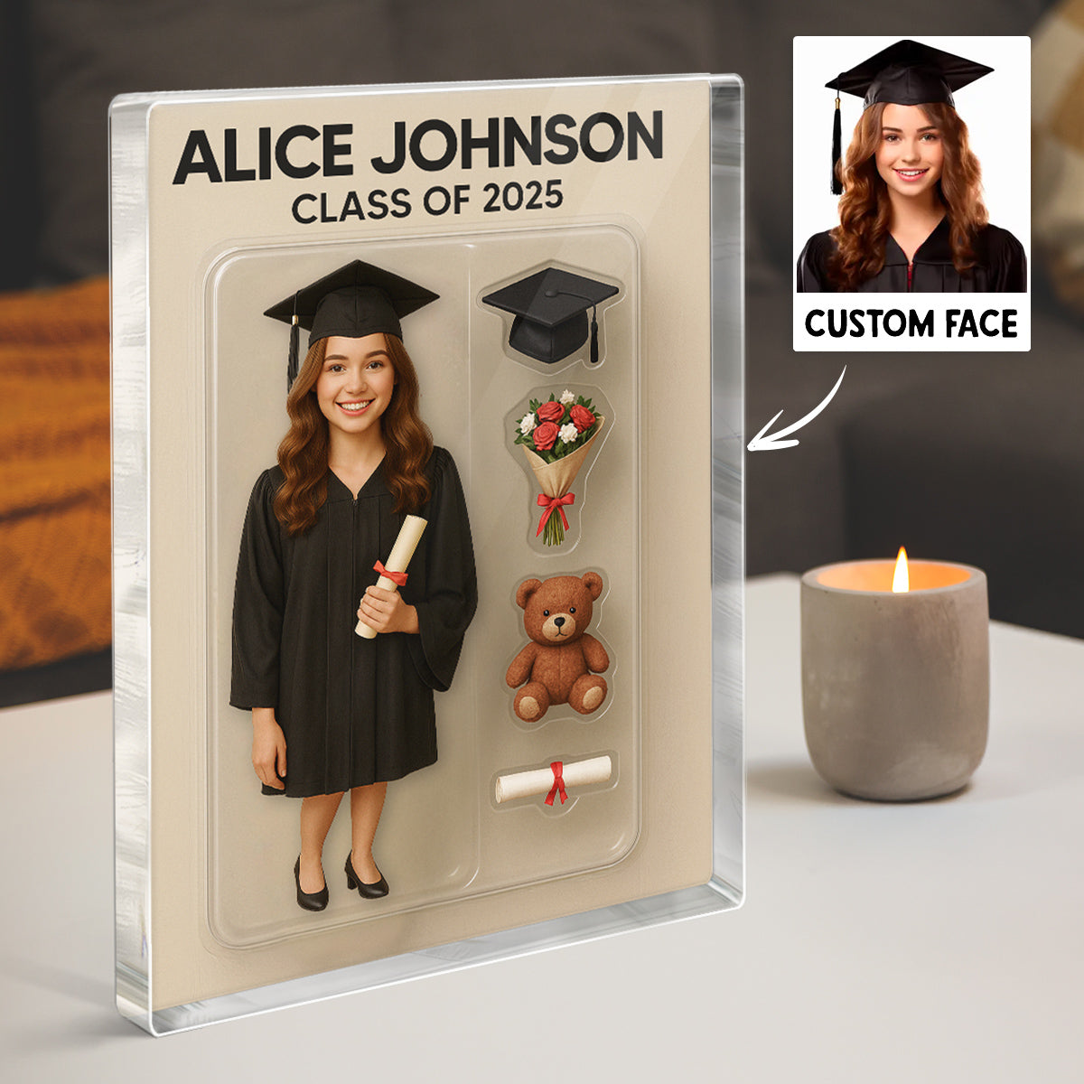 3D Effect Graduate Custom Figure Personalized Flat Rectangle Acrylic Block Plaque, Unique Keepsake, Graduation Gift [FEMALE version ONLY]