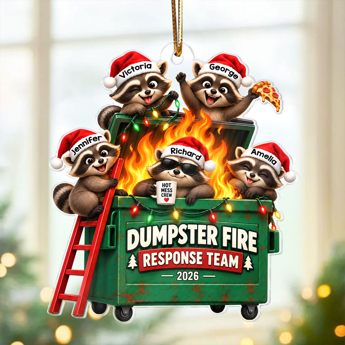 Cunning Raccoon Dumpster Fire - Personalized Acrylic Ornament - Funny Christmas Gift for Coworkers