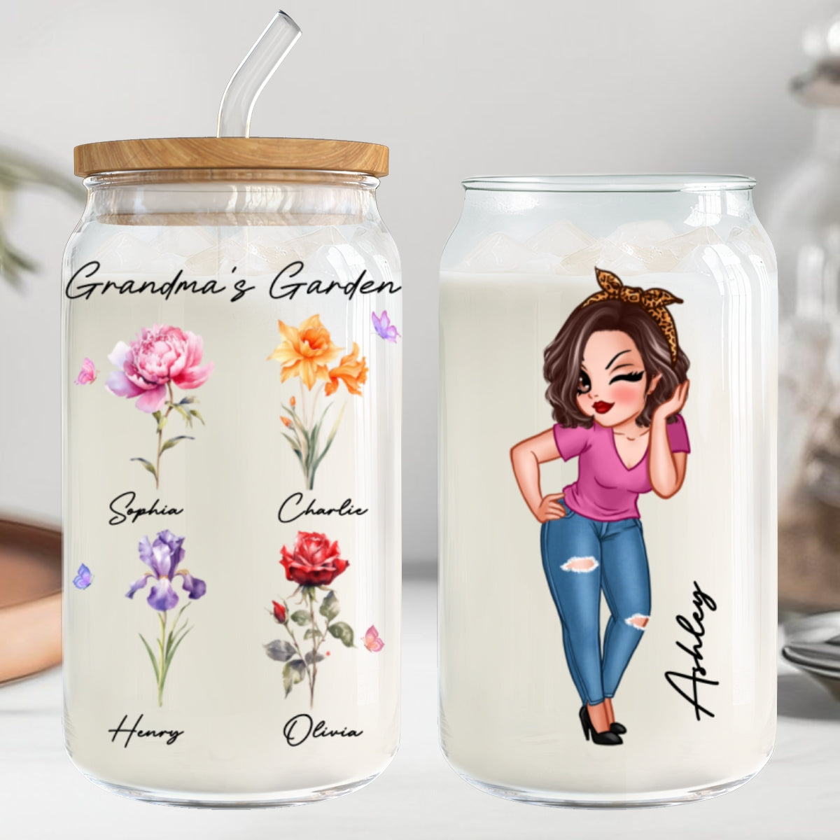 Grandma‘s Garden Beautiful Birth Month Flowers Mother‘s Day Birthday Gift For Grandma Mom Personalized Clear Glass Can