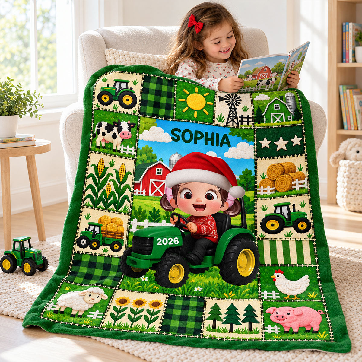 Little Boy Girl With Tractor Excavator Backhoe Christmas - Personalized Blanket - Gift For Grandkids, Kids