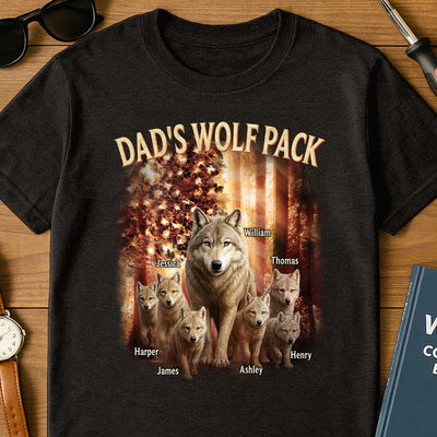 Dad's Wolf Pack Nation Flag Forest Personalized Shirt| Coolest Father's Day Gift For Dad, 4th of July Shirt