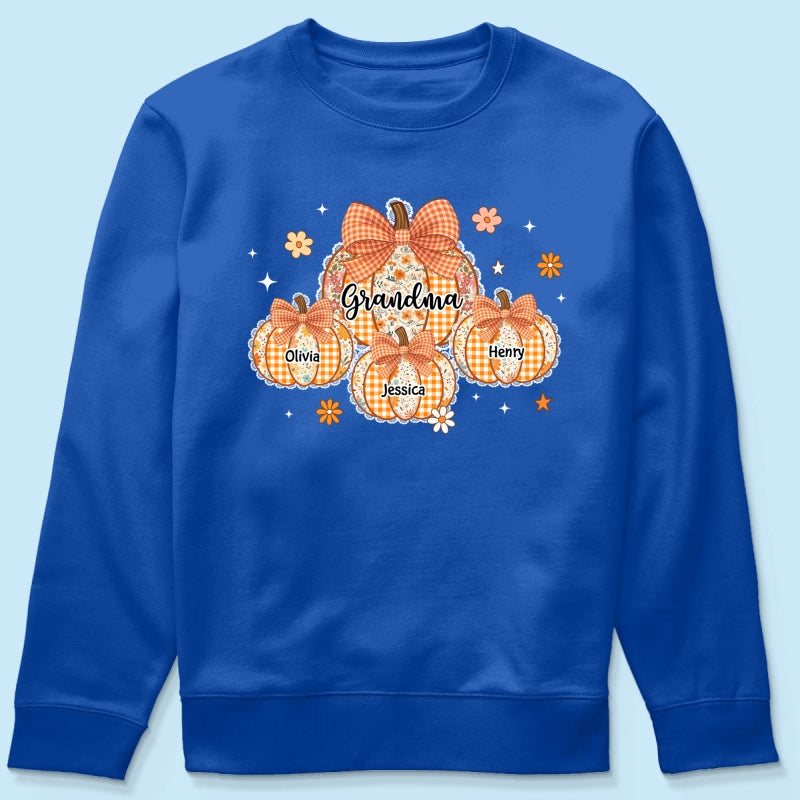 Lace Pattern Grandma Custom Pumpkins With Kids Names - Personalized Shirt - Gift For Grandmas, Fall Vibe Cozy Shirt
