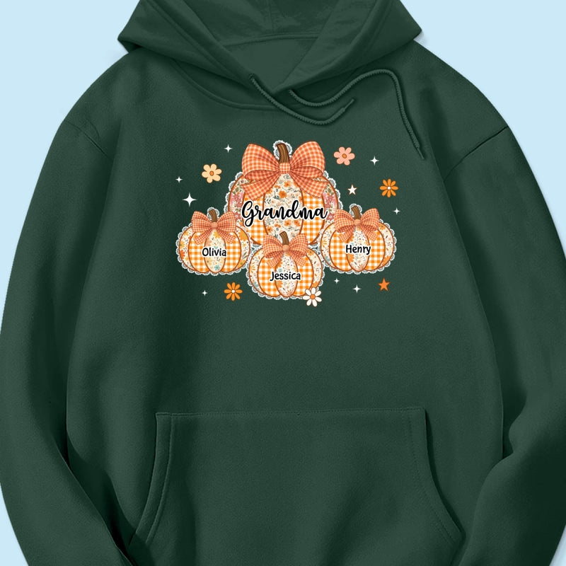 Lace Pattern Grandma Custom Pumpkins With Kids Names - Personalized Shirt - Gift For Grandmas, Fall Vibe Cozy Shirt