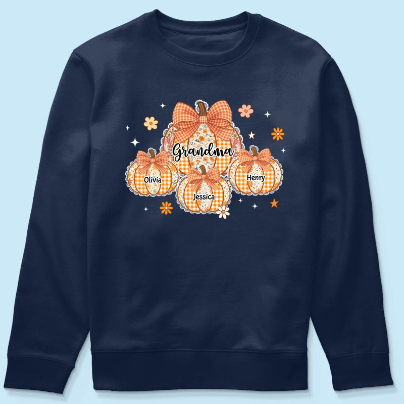 Lace Pattern Grandma Custom Pumpkins With Kids Names - Personalized Shirt - Gift For Grandmas, Fall Vibe Cozy Shirt