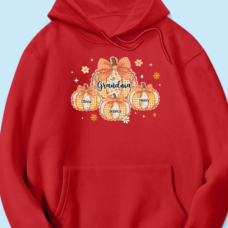 Lace Pattern Grandma Custom Pumpkins With Kids Names - Personalized Shirt - Gift For Grandmas, Fall Vibe Cozy Shirt