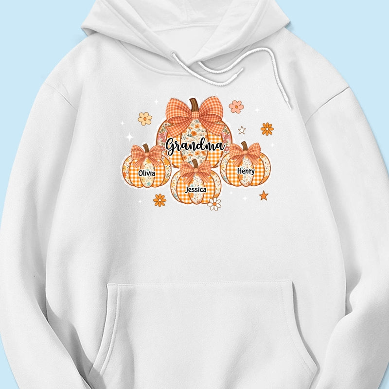 Lace Pattern Grandma Custom Pumpkins With Kids Names - Personalized Shirt - Gift For Grandmas, Fall Vibe Cozy Shirt