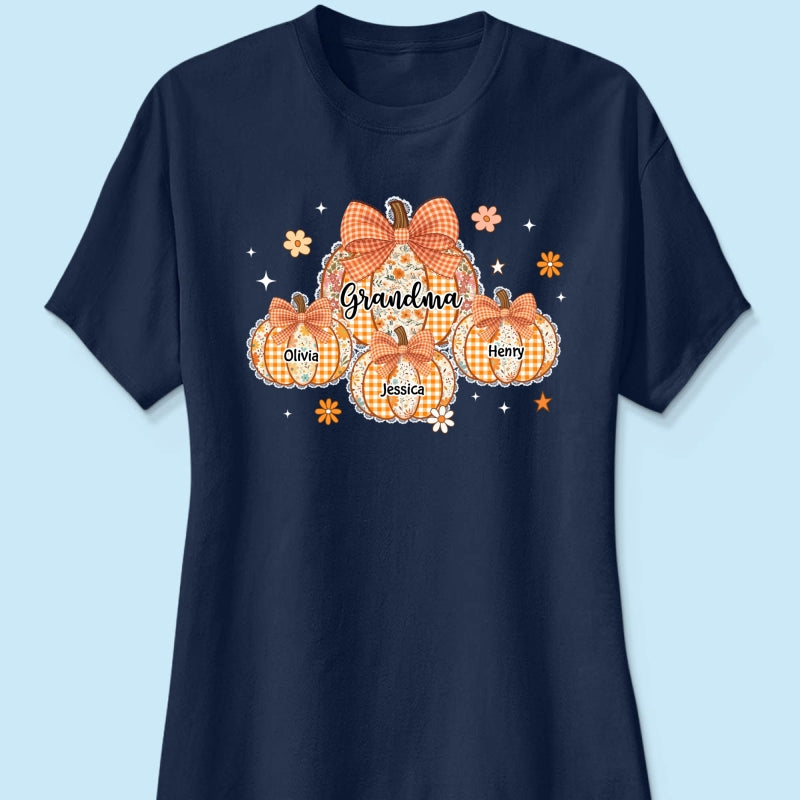 Lace Pattern Grandma Custom Pumpkins With Kids Names - Personalized Shirt - Gift For Grandmas, Fall Vibe Cozy Shirt