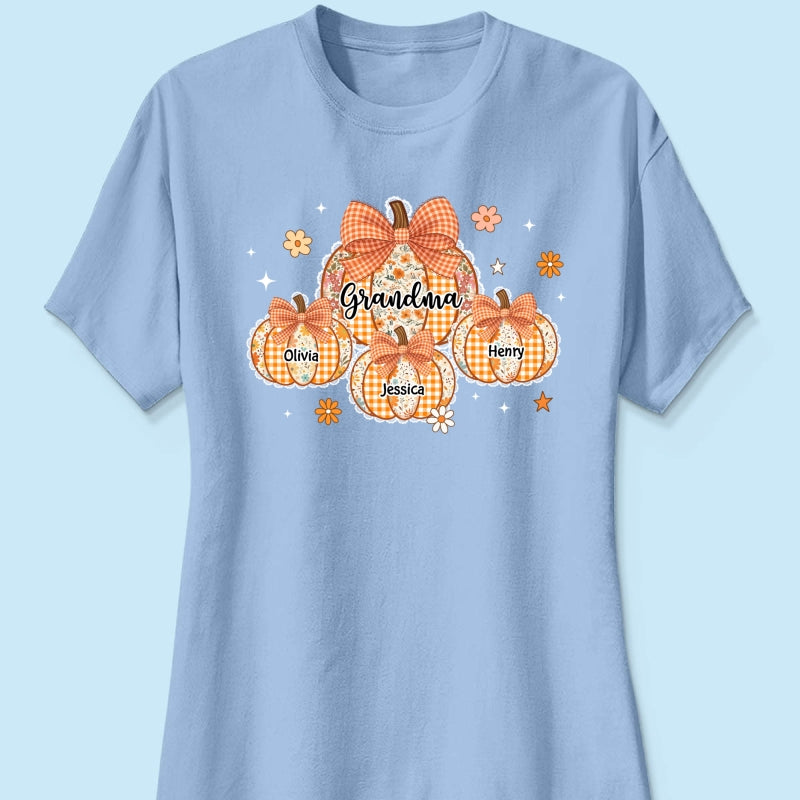 Lace Pattern Grandma Custom Pumpkins With Kids Names - Personalized Shirt - Gift For Grandmas, Fall Vibe Cozy Shirt