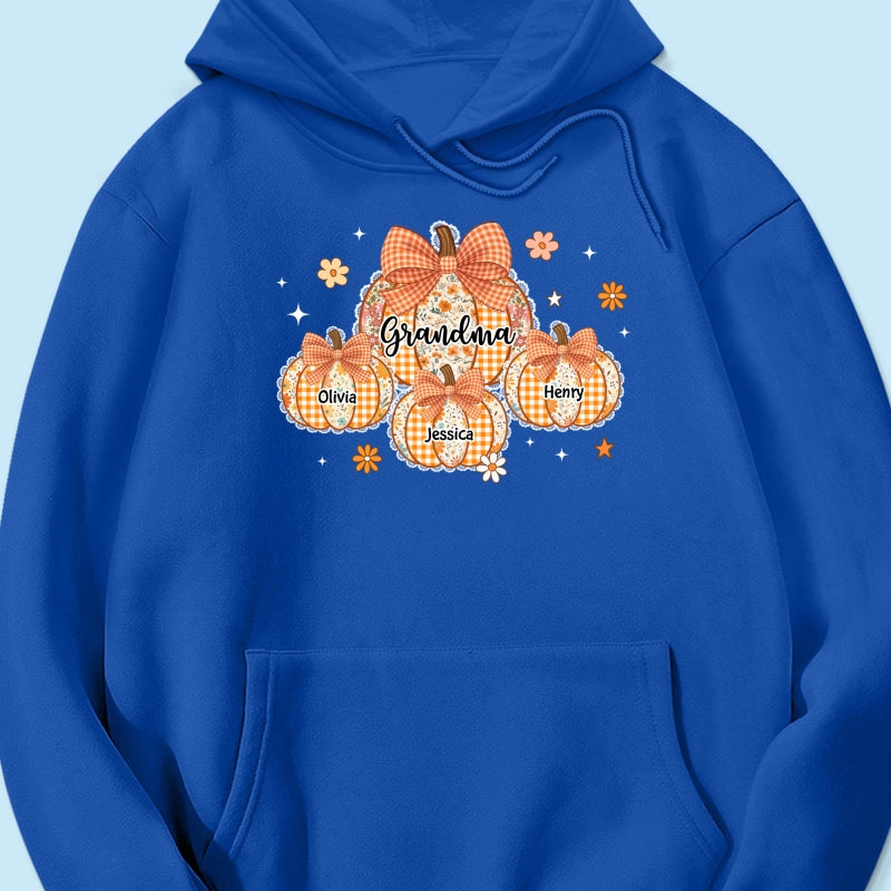 Lace Pattern Grandma Custom Pumpkins With Kids Names - Personalized Shirt - Gift For Grandmas, Fall Vibe Cozy Shirt