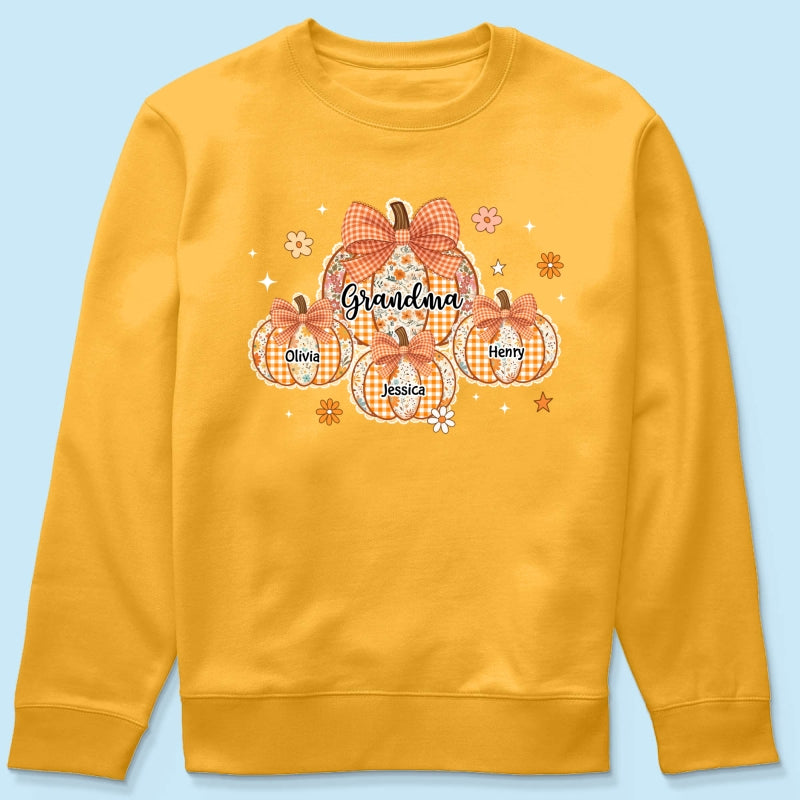Lace Pattern Grandma Custom Pumpkins With Kids Names - Personalized Shirt - Gift For Grandmas, Fall Vibe Cozy Shirt