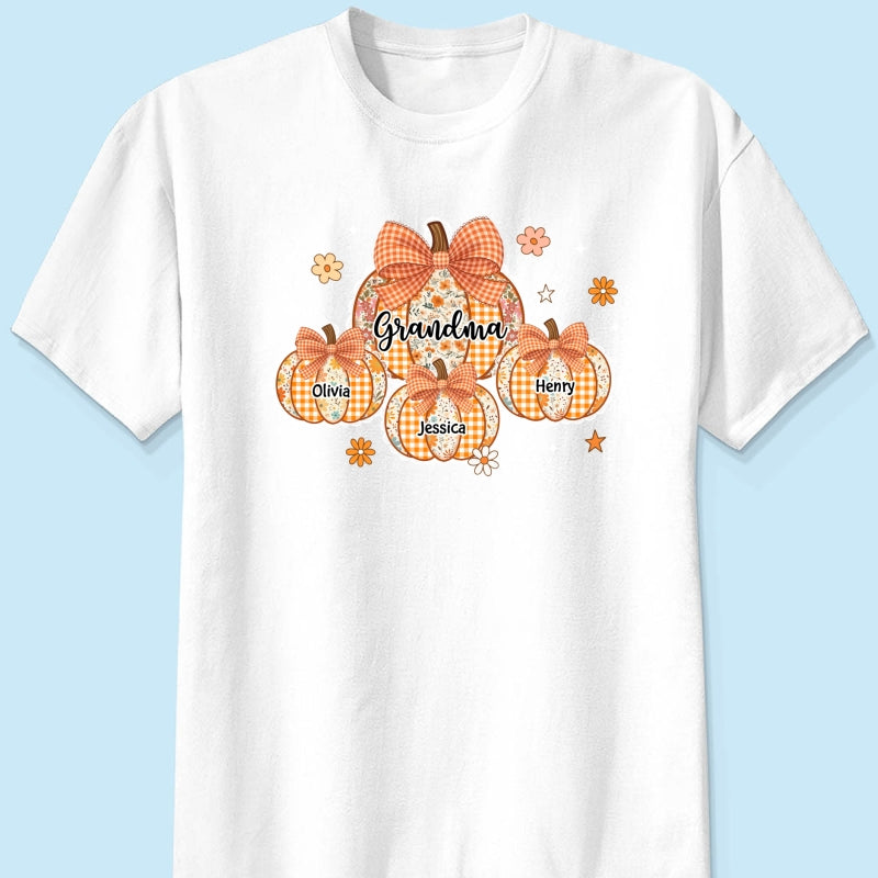 Lace Pattern Grandma Custom Pumpkins With Kids Names - Personalized Shirt - Gift For Grandmas, Fall Vibe Cozy Shirt