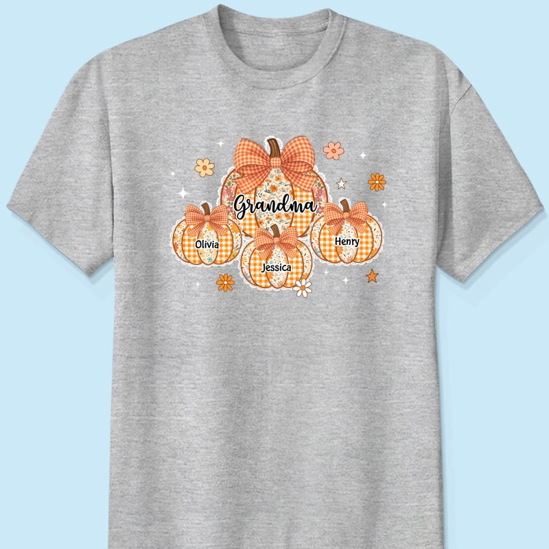 Lace Pattern Grandma Custom Pumpkins With Kids Names - Personalized Shirt - Gift For Grandmas, Fall Vibe Cozy Shirt