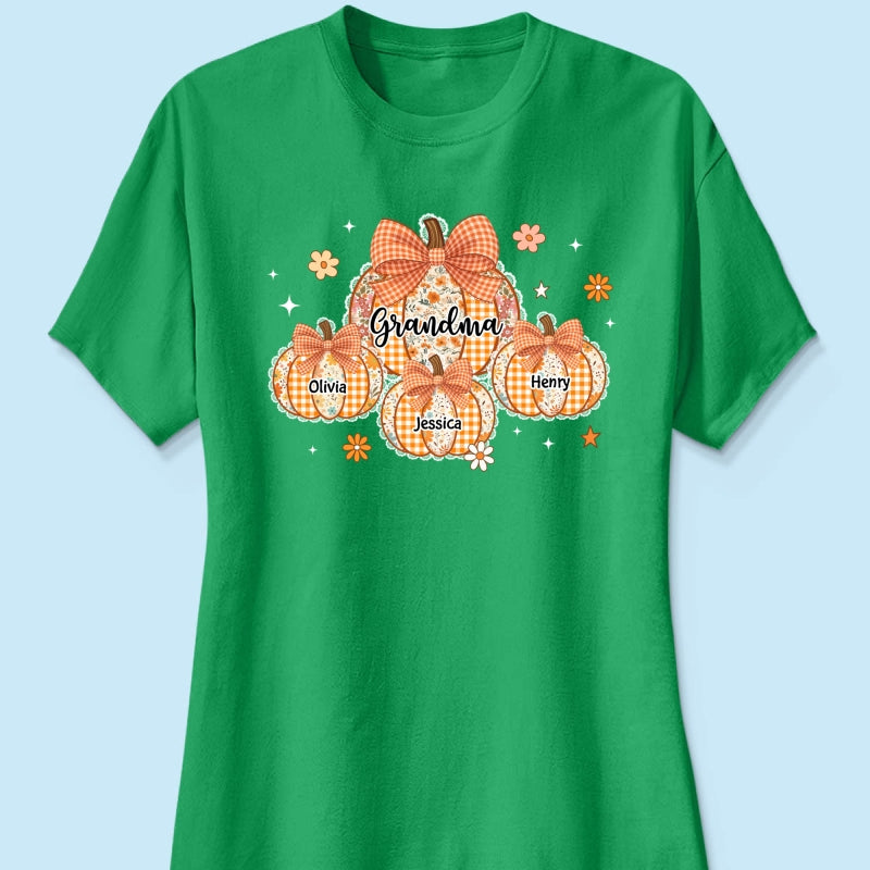 Lace Pattern Grandma Custom Pumpkins With Kids Names - Personalized Shirt - Gift For Grandmas, Fall Vibe Cozy Shirt
