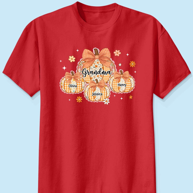 Lace Pattern Grandma Custom Pumpkins With Kids Names - Personalized Shirt - Gift For Grandmas, Fall Vibe Cozy Shirt