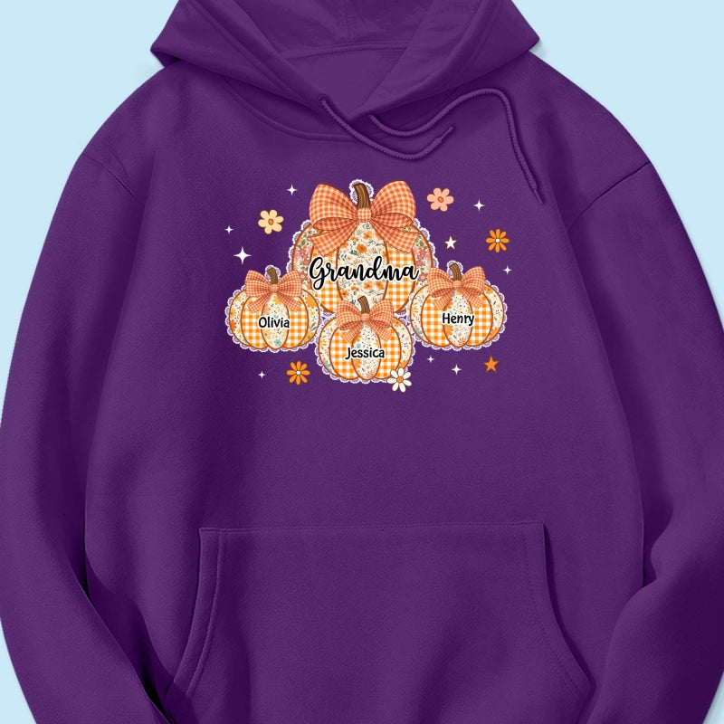 Lace Pattern Grandma Custom Pumpkins With Kids Names - Personalized Shirt - Gift For Grandmas, Fall Vibe Cozy Shirt