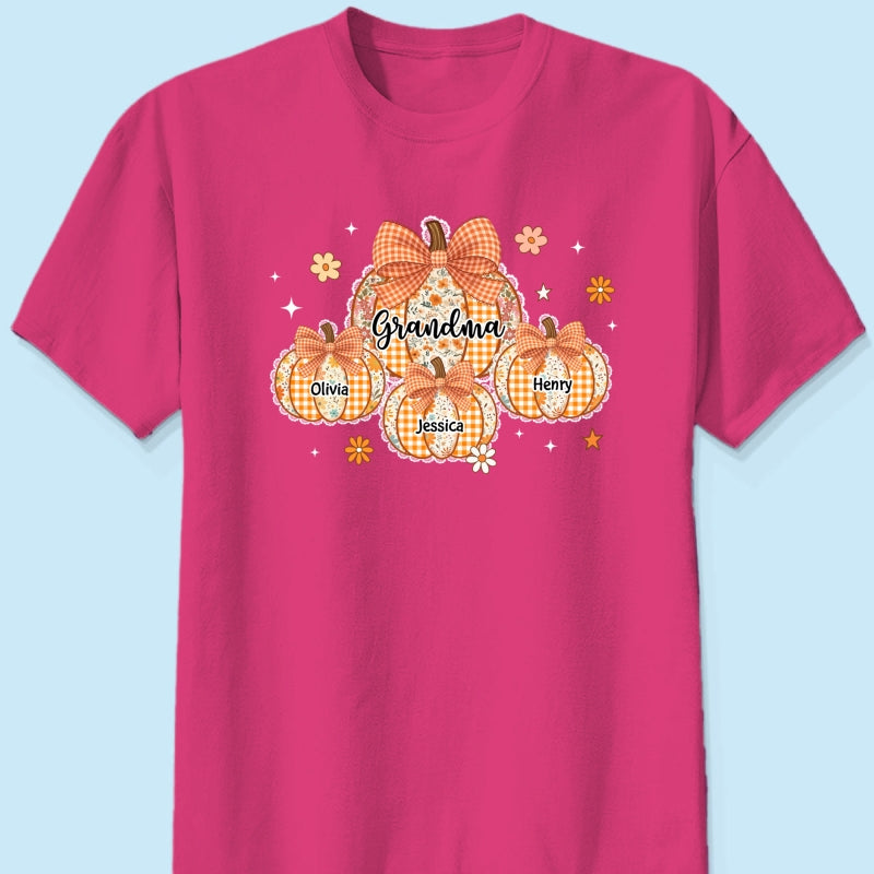 Lace Pattern Grandma Custom Pumpkins With Kids Names - Personalized Shirt - Gift For Grandmas, Fall Vibe Cozy Shirt