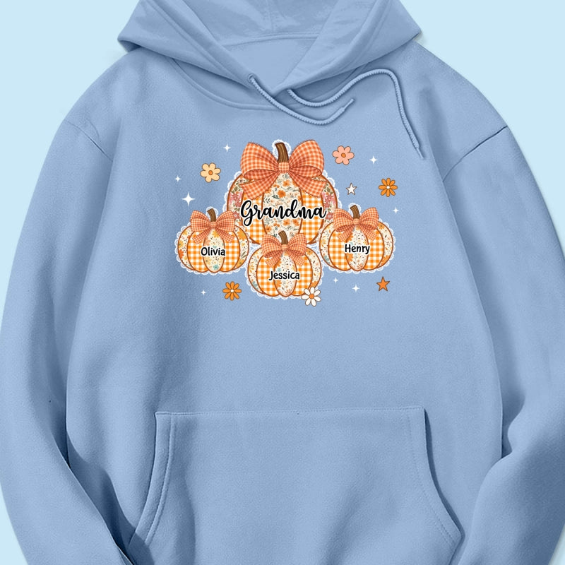 Lace Pattern Grandma Custom Pumpkins With Kids Names - Personalized Shirt - Gift For Grandmas, Fall Vibe Cozy Shirt