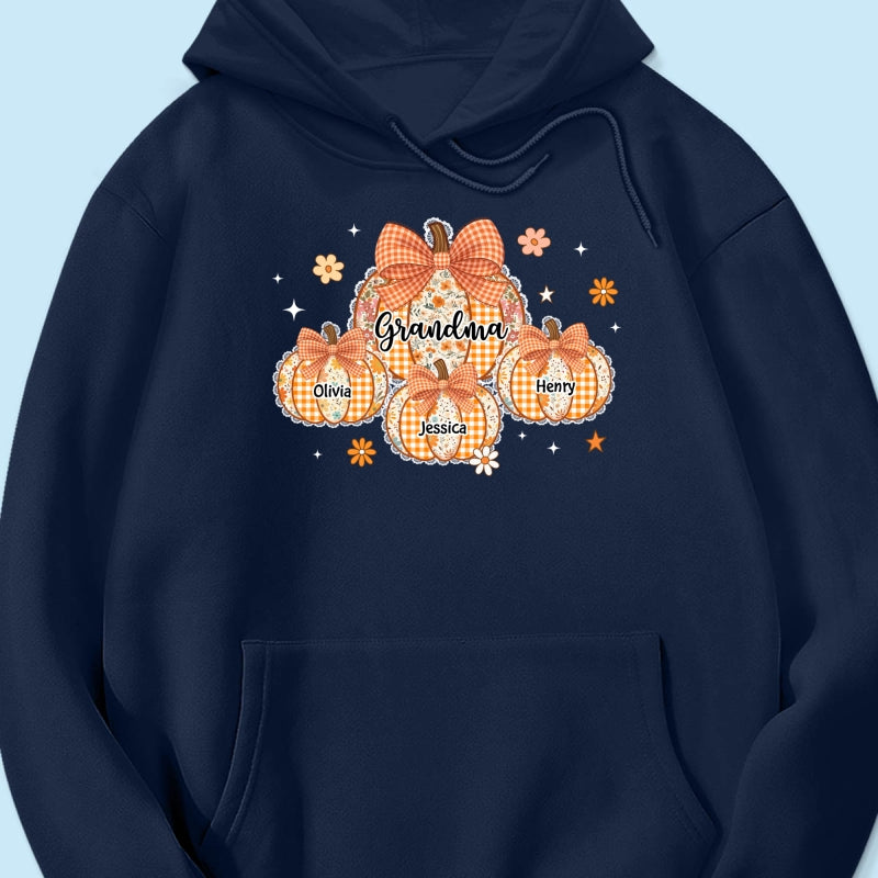 Lace Pattern Grandma Custom Pumpkins With Kids Names - Personalized Shirt - Gift For Grandmas, Fall Vibe Cozy Shirt