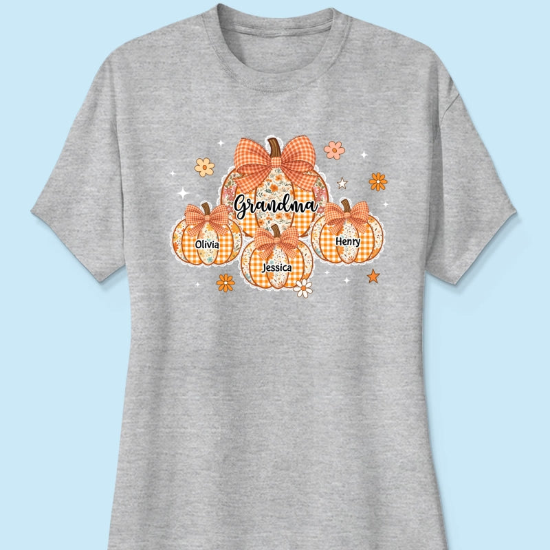 Lace Pattern Grandma Custom Pumpkins With Kids Names - Personalized Shirt - Gift For Grandmas, Fall Vibe Cozy Shirt