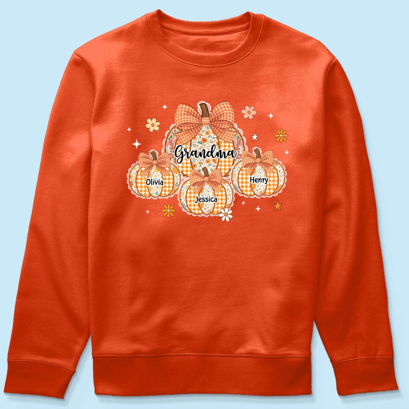 Lace Pattern Grandma Custom Pumpkins With Kids Names - Personalized Shirt - Gift For Grandmas, Fall Vibe Cozy Shirt