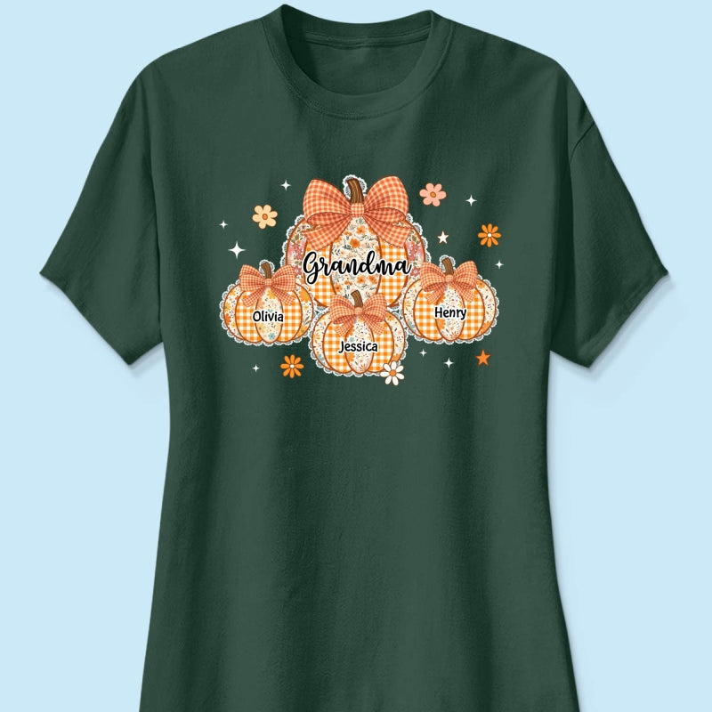 Lace Pattern Grandma Custom Pumpkins With Kids Names - Personalized Shirt - Gift For Grandmas, Fall Vibe Cozy Shirt