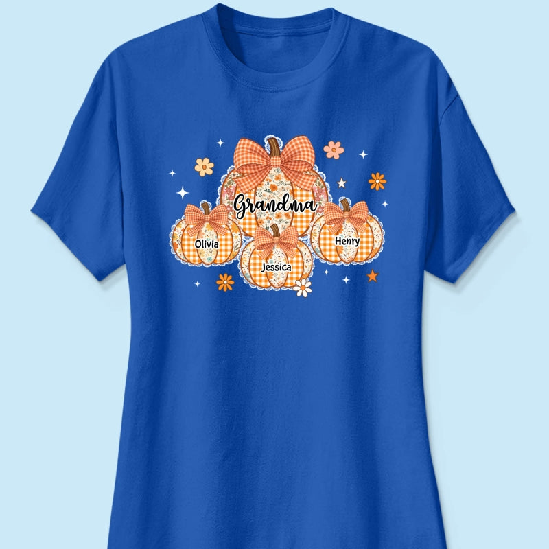 Lace Pattern Grandma Custom Pumpkins With Kids Names - Personalized Shirt - Gift For Grandmas, Fall Vibe Cozy Shirt