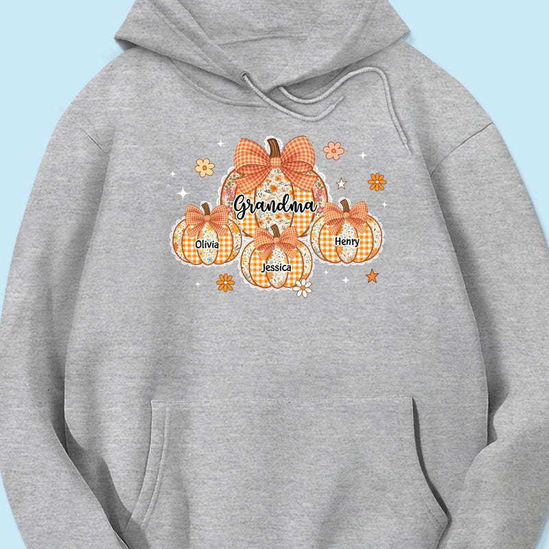 Lace Pattern Grandma Custom Pumpkins With Kids Names - Personalized Shirt - Gift For Grandmas, Fall Vibe Cozy Shirt