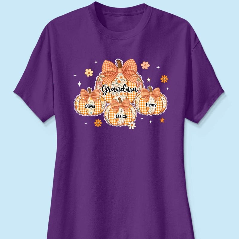 Lace Pattern Grandma Custom Pumpkins With Kids Names - Personalized Shirt - Gift For Grandmas, Fall Vibe Cozy Shirt