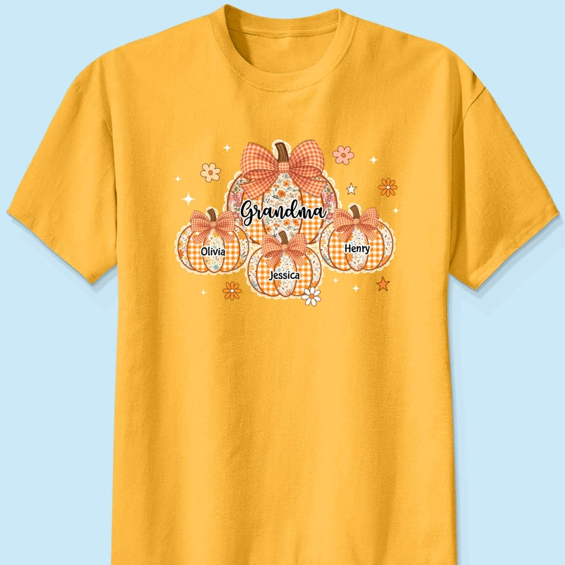 Lace Pattern Grandma Custom Pumpkins With Kids Names - Personalized Shirt - Gift For Grandmas, Fall Vibe Cozy Shirt