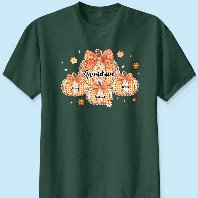 Lace Pattern Grandma Custom Pumpkins With Kids Names - Personalized Shirt - Gift For Grandmas, Fall Vibe Cozy Shirt
