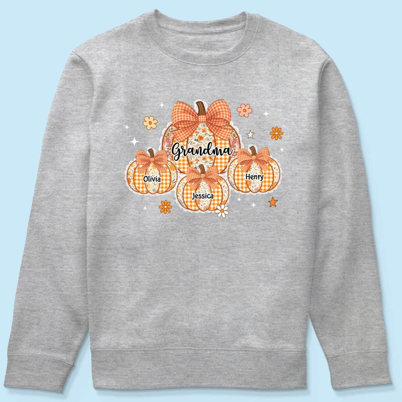 Lace Pattern Grandma Custom Pumpkins With Kids Names - Personalized Shirt - Gift For Grandmas, Fall Vibe Cozy Shirt