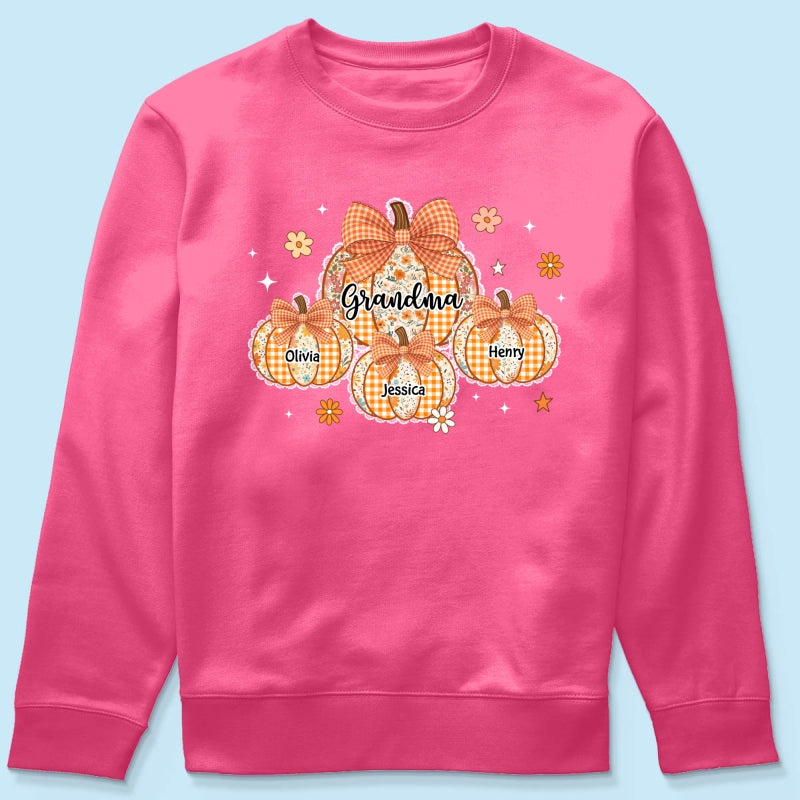 Lace Pattern Grandma Custom Pumpkins With Kids Names - Personalized Shirt - Gift For Grandmas, Fall Vibe Cozy Shirt