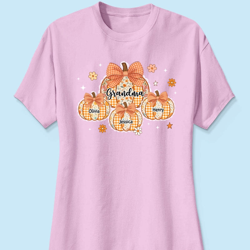 Lace Pattern Grandma Custom Pumpkins With Kids Names - Personalized Shirt - Gift For Grandmas, Fall Vibe Cozy Shirt