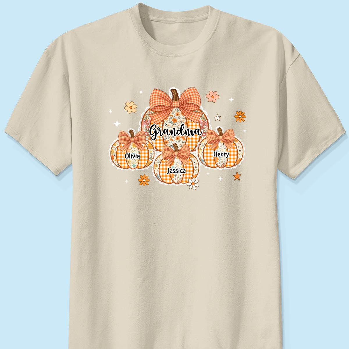 Lace Pattern Grandma Custom Pumpkins With Kids Names - Personalized Shirt - Gift For Grandmas, Fall Vibe Cozy Shirt