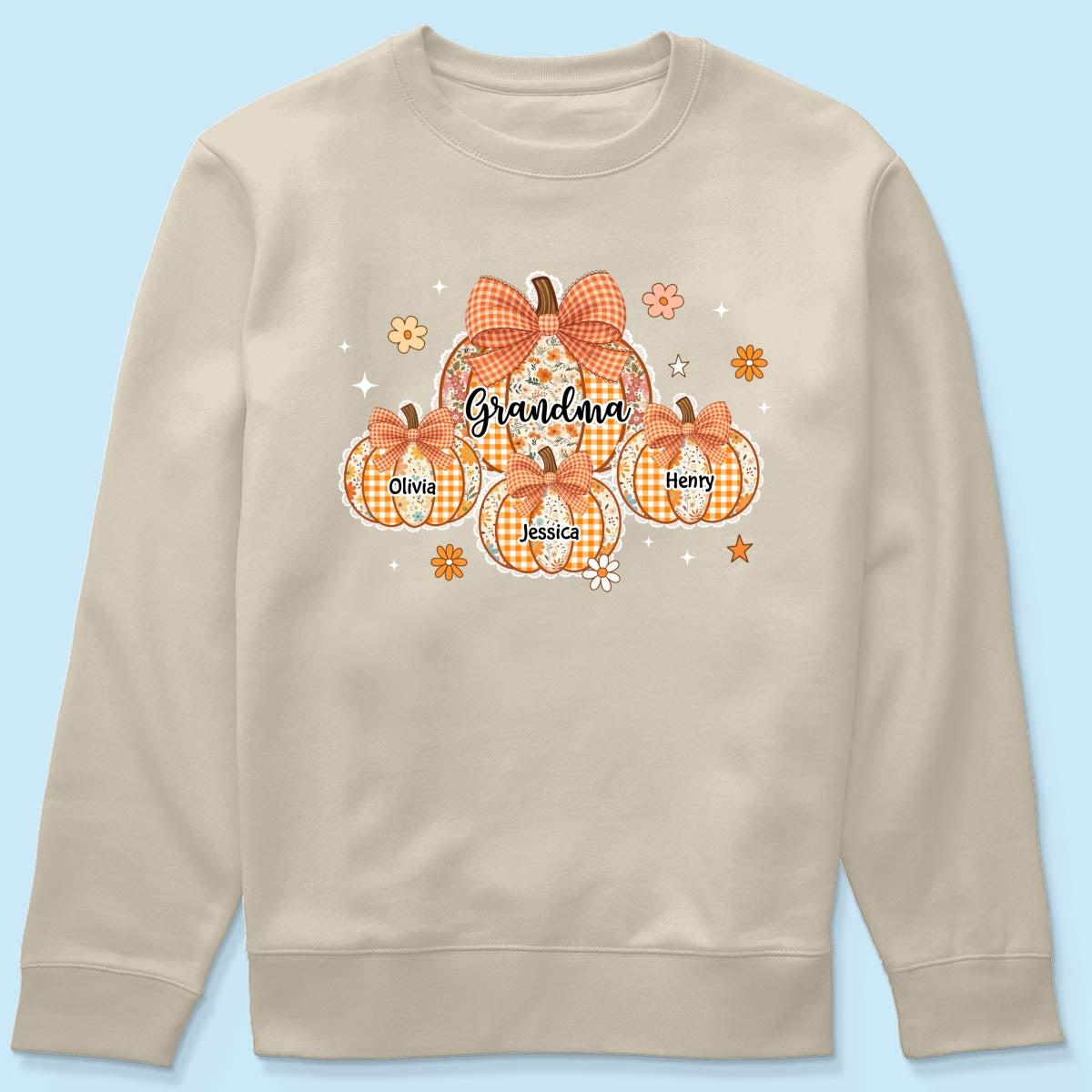 Lace Pattern Grandma Custom Pumpkins With Kids Names - Personalized Shirt - Gift For Grandmas, Fall Vibe Cozy Shirt