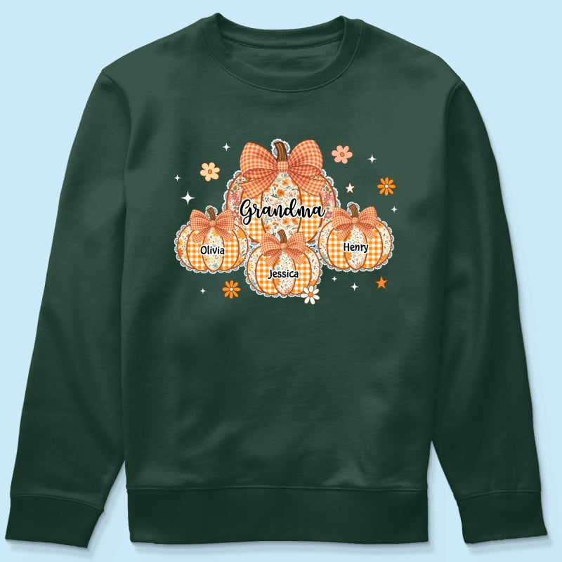 Lace Pattern Grandma Custom Pumpkins With Kids Names - Personalized Shirt - Gift For Grandmas, Fall Vibe Cozy Shirt