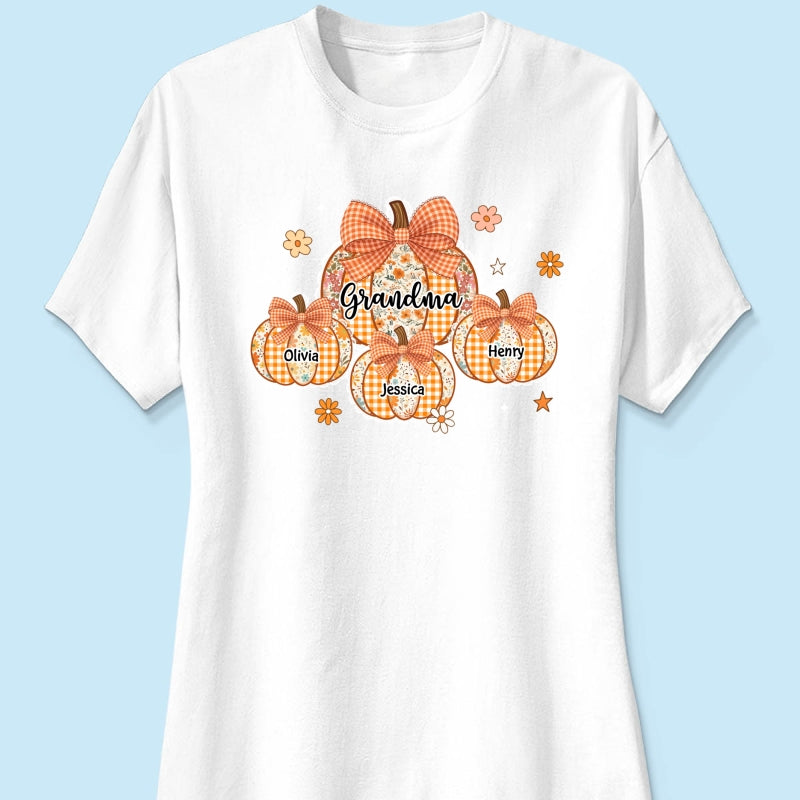 Lace Pattern Grandma Custom Pumpkins With Kids Names - Personalized Shirt - Gift For Grandmas, Fall Vibe Cozy Shirt