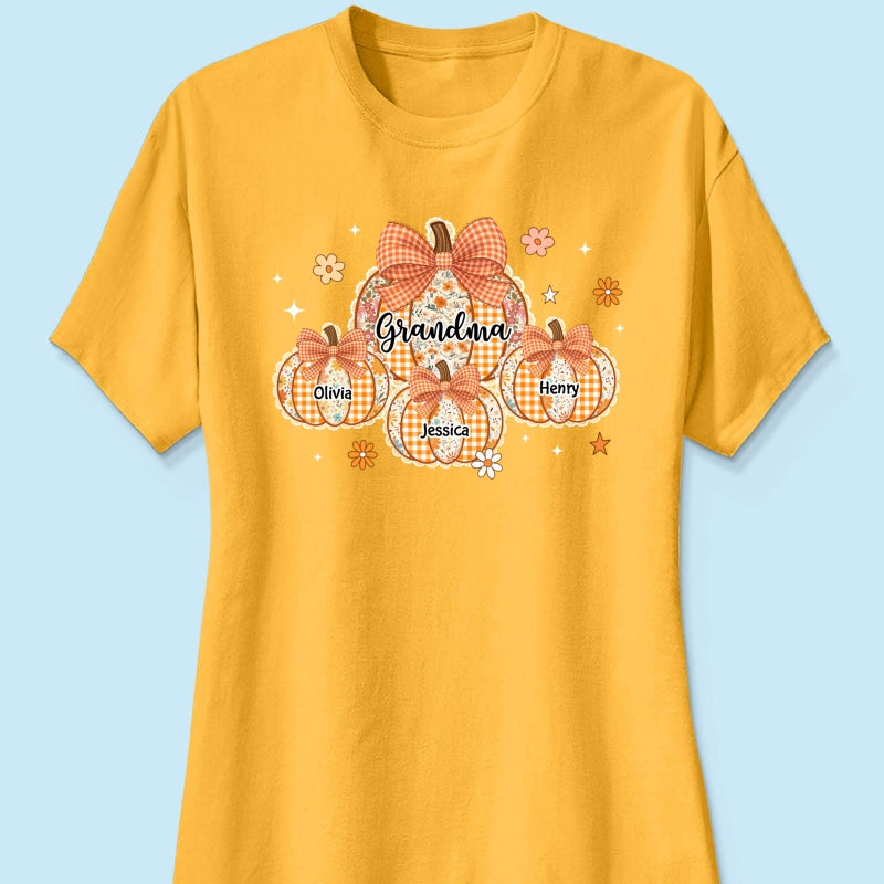 Lace Pattern Grandma Custom Pumpkins With Kids Names - Personalized Shirt - Gift For Grandmas, Fall Vibe Cozy Shirt