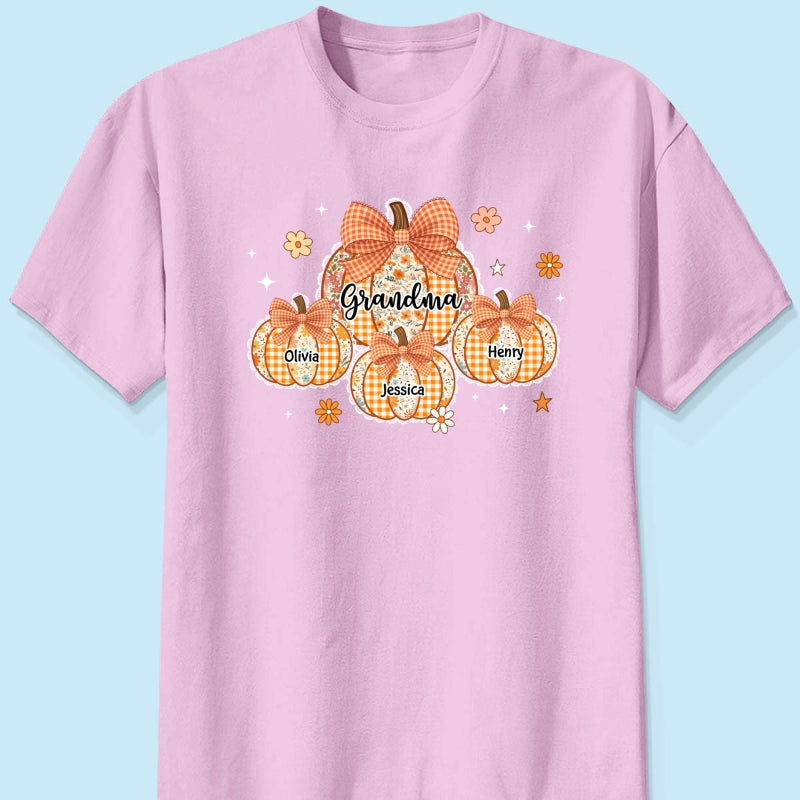 Lace Pattern Grandma Custom Pumpkins With Kids Names - Personalized Shirt - Gift For Grandmas, Fall Vibe Cozy Shirt